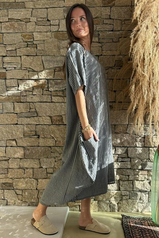 Salcombe Chalk Stripe Cotton Cocoon Dress Graphite